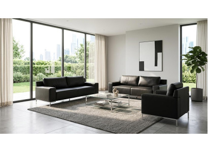Sofa Set Dreisitzer Sofa Sessel Kunstleder Modern Elegant Schwarz