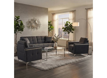 Stilvolle Wohnzimmer-Set Schlafsofa Kissen 2x Sessel Farbe Grau