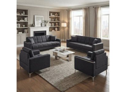 Stilvolle Wohnzimmer-Set 2x Schlafsofa Kissen 2x Sessel Farbe Grau