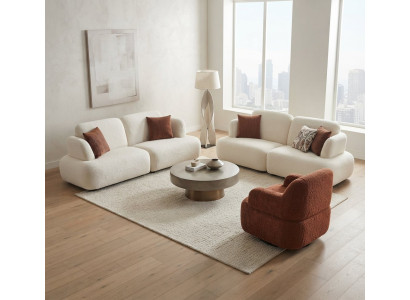 Zartes Wohnzimmer-Set Weißes 2x Schlafsofa Brauner Sessel Bouclé-Bezug