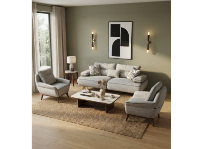 Stilvolles Wohnzimmer-Set Weiches Schlafsofa 2x Sessel Holzbeinen