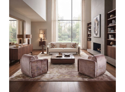 Stilvolles Wohnzimmer-Set Schlafsofa Weiß 2x Sessel Rosa Holzelementen