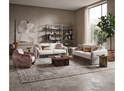Stilvolles Wohnzimmer-Set 2x Schlafsofa Weiß Sessel Rosa Holzelementen