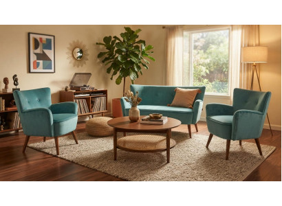 Sofa Zwei Sessel Blau Stoff Polstergruppe Holzbeine Retro Design Möbel