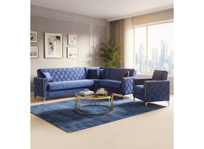 Stilvolles Wohnzimmer-Set Ecksofa Schlafsessel Blau Samt Metallfüße