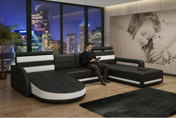Żywy krajobraz KANAPA Ustaw DESIGN NAROŻNIK Brązowo-beżowa SKÓRZANA SOFA XXL Narożnikowa kanapa