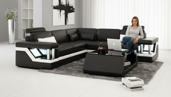 SOFA SKÓRZANA XXL Ustawić Żywy krajobraz NAROŻNIK Skóra Narożnikowa kanapa Czarny / Biały
