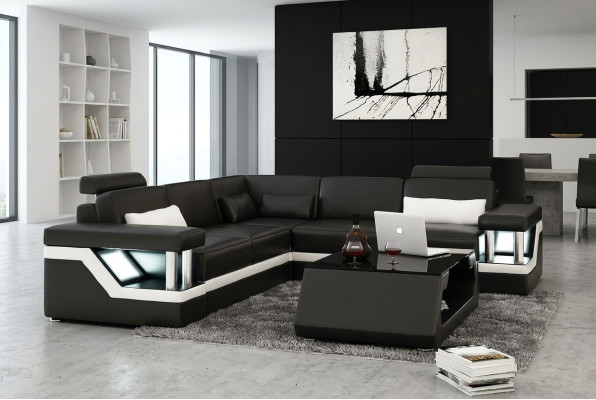 SOFA SKÓRZANA XXL Ustawić Żywy krajobraz NAROŻNIK Skóra Narożnikowa kanapa Czarny / Biały