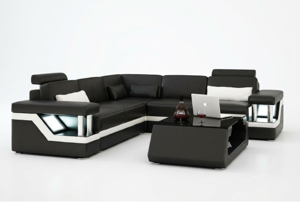SOFA SKÓRZANA XXL Ustawić Żywy krajobraz NAROŻNIK Skóra Narożnikowa kanapa Czarny / Biały