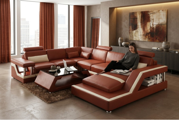 Żywy krajobraz Duża nowoczesna skórzana sofa kanapa Opatentowana designerska sofa HAMBURG XXL