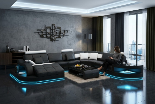 Skórzana sofa kanapa Żywy krajobraz Narożnikowa kanapa Narożnik Ustaw Design Modern New Sofa