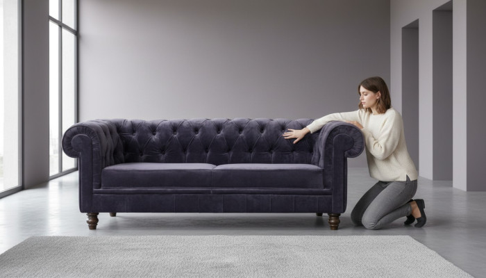 Szlachetna luksusowa sofa Chesterfield tapicerowana tkaniną miękką tkaniną z kompletem weluru.