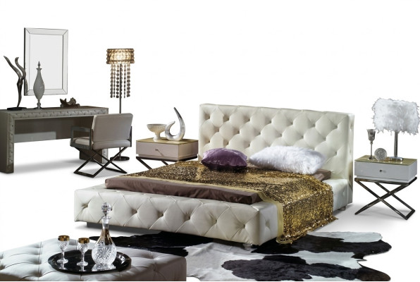 Eleganckie łóżko designerskie, łóżko z tapicerowanym skórzanym zagłówkiem Chesterfield, nowe łóżko małżeńskie.