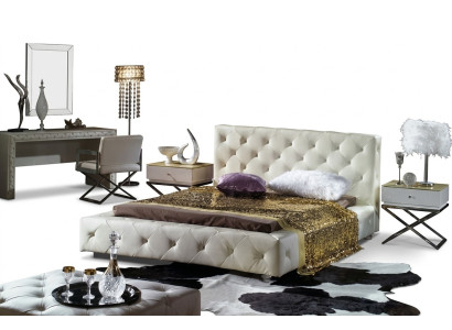 Eleganckie łóżko designerskie, łóżko z tapicerowanym skórzanym zagłówkiem Chesterfield, nowe łóżko małżeńskie.