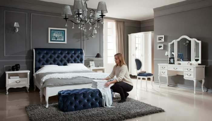 Zestaw Sypialnia Designer Chesterfield Łóżko Szafki nocne Kredens Szafa Meble