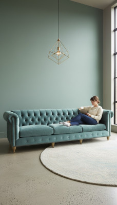 Chesterfield 3-osobowa sofa z tekstylnymi, skórzanymi i aksamitnymi poduchami, kompletem tapicerowanym, nowy siedzisko.