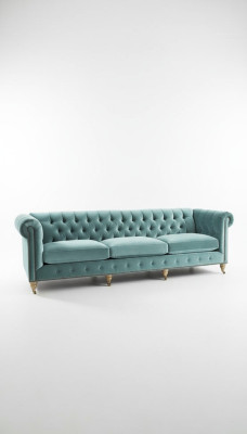 Chesterfield 3-osobowa sofa z tekstylnymi, skórzanymi i aksamitnymi poduchami, kompletem tapicerowanym, nowy siedzisko.