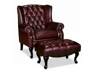 Fotel uszak Chesterfield + Pufa Fotel Kanapa Zestaw Obiciowy Skóra Tekstylia 16101330