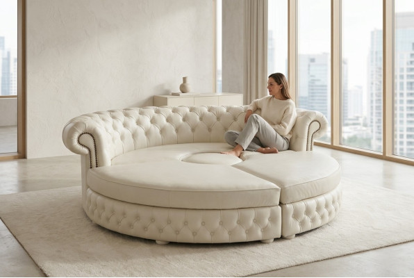 Chesterfield OKRĄGŁA SOFA Narożnikowa kanapa Royal Półokrągła Designerska Sofa Kanapa Skórzana Sofa