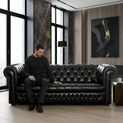 Czarna Sofa Chesterfield 3+1 miejsce do siedzenia Designerski zestaw sofowy