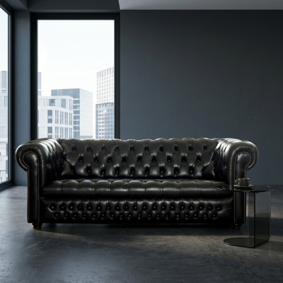 Czarna Sofa Chesterfield 3+1 miejsce do siedzenia Designerski zestaw sofowy