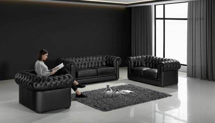 Zestaw Sof Chesterfield Czarny 3+2+1 Podkładka Designerskie Sofy Ustawić