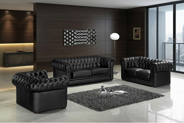 Zestaw Sof Chesterfield Czarny 3+2+1 Podkładka Designerskie Sofy Ustawić