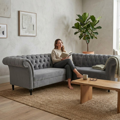 Szara kanapa narożna Chesterfield Narożnikowa kanapa designerska sofa Aksamit w kształcie litery L