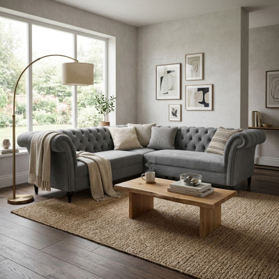 Szara kanapa narożna Chesterfield Narożnikowa kanapa designerska sofa Aksamit w kształcie litery L