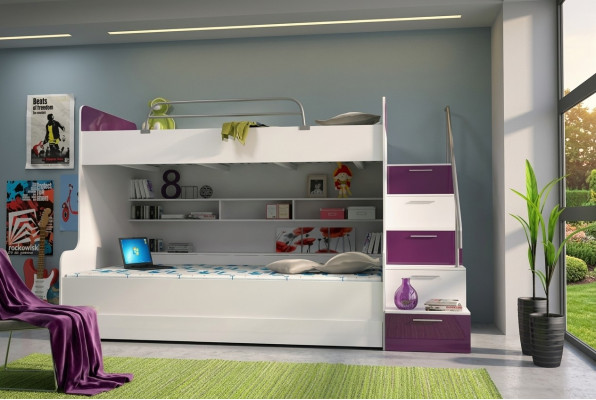 Podwójne łóżko piętrowe Łóżko piętrowe Łóżko składane łóżko młodzieżowe Łóżko na poddaszu New Violet/Biały