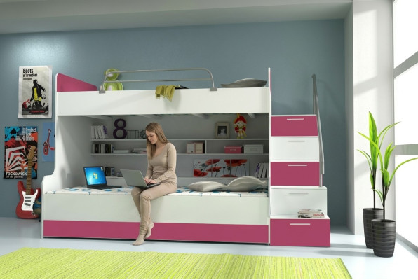 Podwójne łóżko piętrowe Łóżko piętrowe Łóżko składane łóżko młodzieżowe Łóżko na poddaszu B003 Pink/Biały