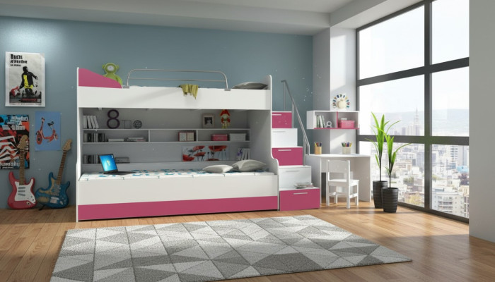Podwójne łóżko piętrowe Łóżko piętrowe Łóżko składane łóżko młodzieżowe Łóżko na poddaszu B003 Pink/Biały