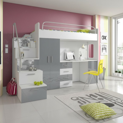 Łóżko młodzieżowe Kompletne Sypialnia Design Łóżko dziecięce Łóżko Szafa Tabela GREY