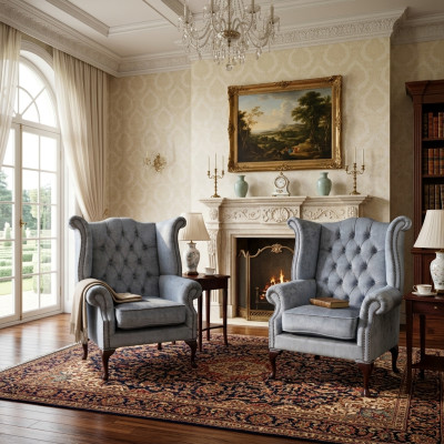 Chesterfield fotel z podłokietnikami Fotel Kanapa Sofa Tkanina Siedzisko Salon Błękit dla dziecka Relaks