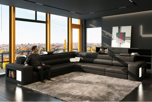 Skórzana sofa sofa kanapa Narożnikowa kanapa Siedziba Podkładka Żywy krajobraz XXL Big Weiden Black