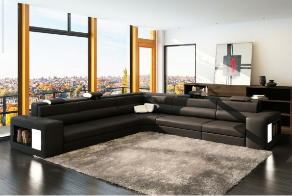Skórzana sofa sofa kanapa Narożnikowa kanapa Siedziba Podkładka Żywy krajobraz XXL Big Weiden Black