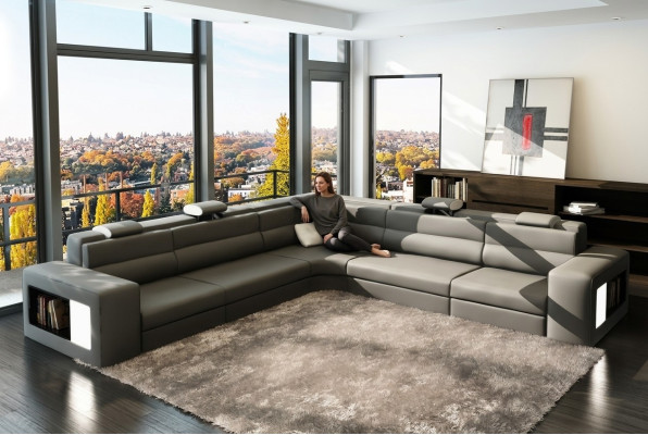 Skórzana Sofa Sofa Kanapa Narożnikowa kanapa Siedziba Podkładka Żywy krajobraz XXL Big Willow Grey
