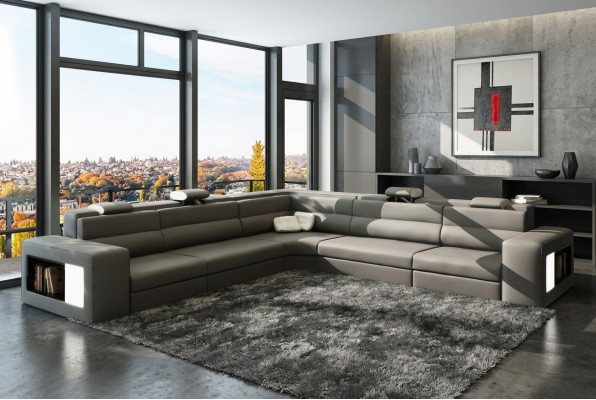 Skórzana Sofa Sofa Kanapa Narożnikowa kanapa Siedziba Podkładka Żywy krajobraz XXL Big Willow Grey
