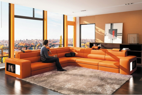 Skórzana Sofa Sofa Kanapa Narożnikowa kanapa Siedziba Podkładka Żywy krajobraz XXL Big Willow Orange
