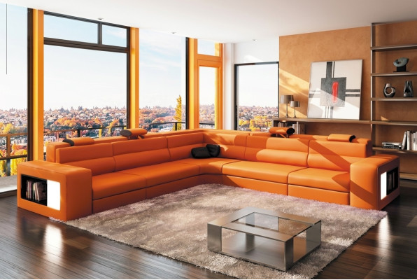 Skórzana Sofa Sofa Kanapa Narożnikowa kanapa Siedziba Podkładka Żywy krajobraz XXL Big Willow Orange