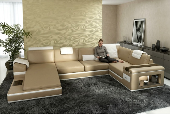 Narożnikowa kanapa Sofa Couch Podkładka Skóra Ustawić Żywy krajobraz Narożnik Living Beige