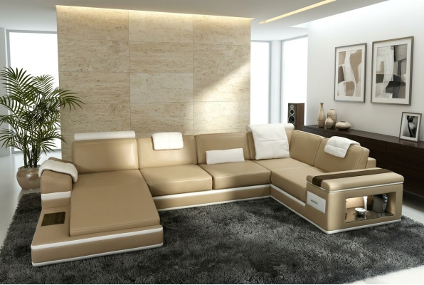 Narożnikowa kanapa Sofa Couch Podkładka Skóra Ustawić Żywy krajobraz Narożnik Living Beige