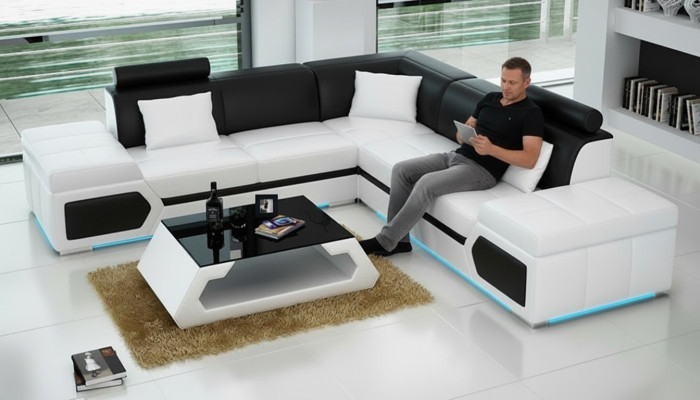 Skórzana sofa w kształcie litery L Żywy krajobraz wystrój Narożnikowa kanapa Nowoczesny design Ustawić