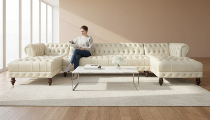 Chesterfield Couch Sofa w kształcie litery U Classic Skóra Żywy krajobraz Narożnikowa kanapa - 366