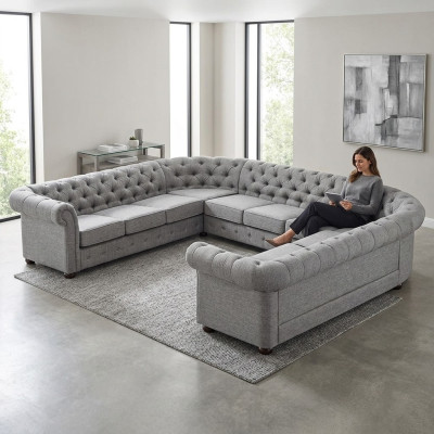 Chesterfield Couch Sofa Podkładka Żywy krajobraz U Form Ustawić Narożnikowa kanapa