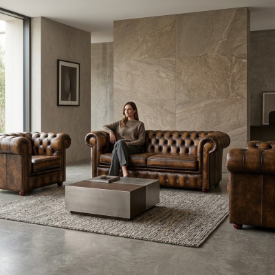 Sofa Skórzana Chesterfield 2+1+1 Włókienniczy Kanapa Materiał Podkładka Sofa Ustawić