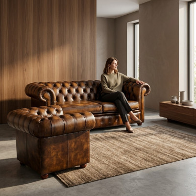 Chesterfield Decor Sofa Kanapa Podkładka Skóra Włókienniczy Zestaw sofowy 2+1 Podkładka