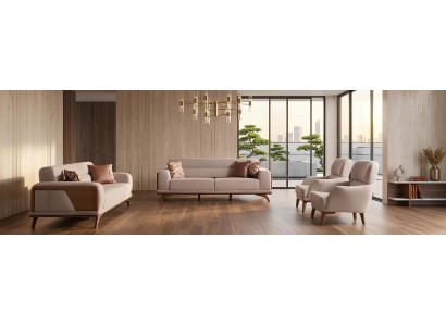 Beige Couchgarnitur 2x Polster 3-Sitzer 2 Edle Sessel 4tlg Set
