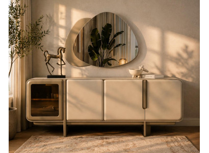 Beige Stilvolle Anrichte Luxuriöses Wohnzimmer Holz Sideboard Möbel