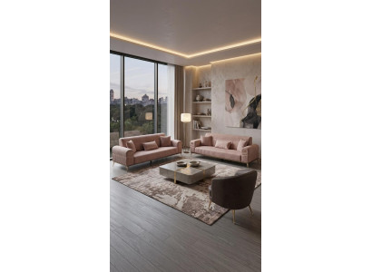 Sofa Set 2x 3 Sitzer 1x Sessel Modern Rosa Elegant Polster Garnitur